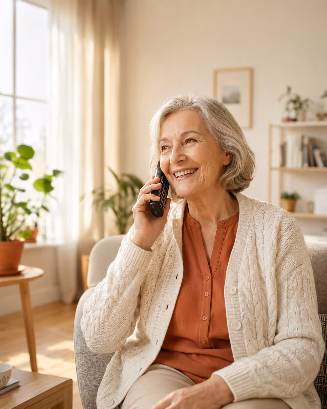 Lächelnde Seniorin sitzt am Fenster ihres Wohnzimmers und telefoniert mit einem gewöhnlichen Telefon